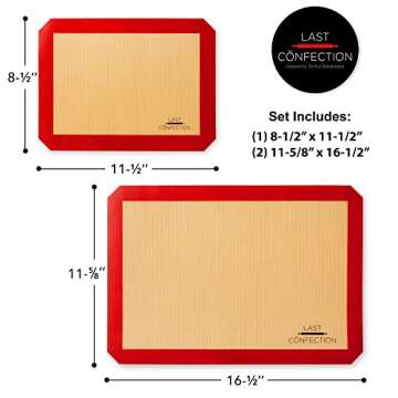 Last Confection Silicone Baking Mat - Set of 3 Non-Stick Professional Food Safe Tray Pan Liners - 2 Half Sheet (11-5/8" x 16-1/2") 1 Quarter Sheet (8-1/2" x 11-1/2")