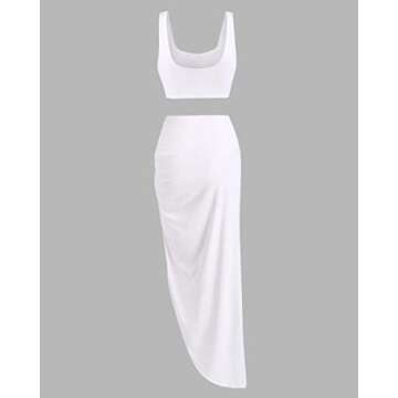 ZAFUL Women's Casual Sleeveless Summer Two Piece Outfits Solid Crop Top and Draped Ruched Maxi Skirt Set Solid Suiting (C-White, M)