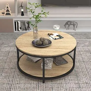 NSdirect 36 inches Round Coffee Table, Rustic Wooden Surface Top & Sturdy Metal Legs Industrial Sofa Table for Living Room Modern Design Home Furniture with Storage Open Shelf(White Oak)