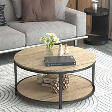 NSdirect 36 inches Round Coffee Table, Rustic Wooden Surface Top & Sturdy Metal Legs Industrial Sofa Table for Living Room Modern Design Home Furniture with Storage Open Shelf(White Oak)