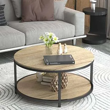 NSdirect 36 inches Round Coffee Table, Rustic Wooden Surface Top & Sturdy Metal Legs Industrial Sofa Table for Living Room Modern Design Home Furniture with Storage Open Shelf(White Oak)