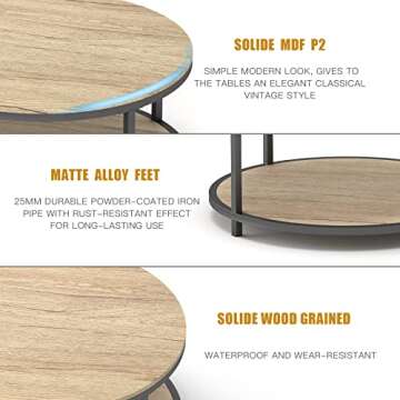 NSdirect 36 inches Round Coffee Table, Rustic Wooden Surface Top & Sturdy Metal Legs Industrial Sofa Table for Living Room Modern Design Home Furniture with Storage Open Shelf(White Oak)