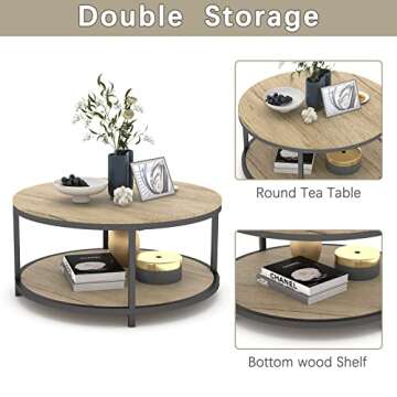 NSdirect 36 inches Round Coffee Table, Rustic Wooden Surface Top & Sturdy Metal Legs Industrial Sofa Table for Living Room Modern Design Home Furniture with Storage Open Shelf(White Oak)