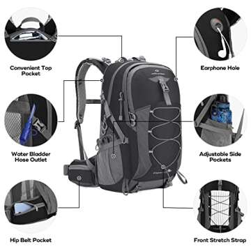 Maelstrom Hiking Backpack,Camping Backpack,40L Waterproof Hiking Daypack with Rain Cover,Lightweight Travel Backpack,Black