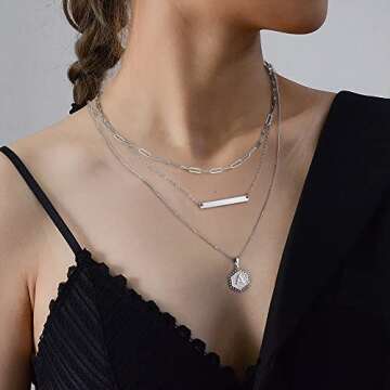 Turandoss Silver Layered Initial Necklaces for Women, 14K White Gold Plated Paperclip Chain Necklace Hexagon Letter Pendant Initial Layered Silver Necklace for Women Jewelry Gifts