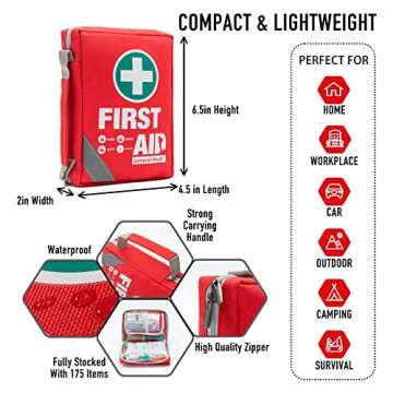 General Medi First Aid Kit - Small Compact First Aid Kit Bag(175 Piece) - Reflective Bag Design- Includes Instant Cold Pack, Emergency Blanket for Travel, Home, Office, Vehicle,Camping