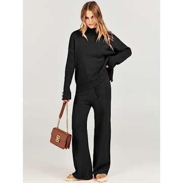 ANRABESS Women's 2 Piece Outfit Sweater Lounge Sets Long Sleeve Knit Pullover Wide Leg Pant Tracksuit Loungewear 2024 Fashion Black X-Small