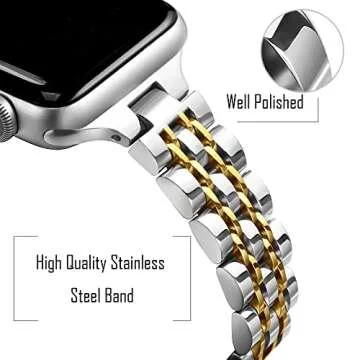 Secbolt Stainless Steel Slim Bands Compatible with Apple Watch 38mm 40mm 41mm iWatch Series 9/8/7/6/5/4/3/2/1/SE, Thin Bracelet for Women, Siver/Gold