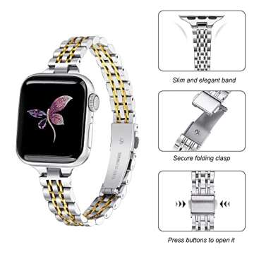 Secbolt Stainless Steel Slim Bands Compatible with Apple Watch 38mm 40mm 41mm iWatch Series 9/8/7/6/5/4/3/2/1/SE, Thin Bracelet for Women, Siver/Gold