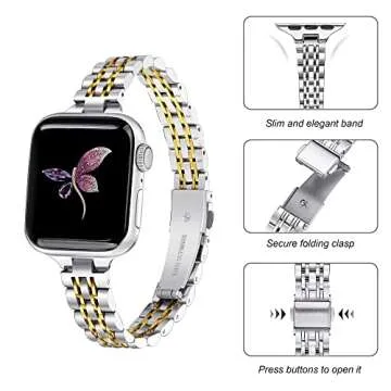 Secbolt Stainless Steel Slim Bands Compatible with Apple Watch 38mm 40mm 41mm iWatch Series 9/8/7/6/5/4/3/2/1/SE, Thin Bracelet for Women, Siver/Gold