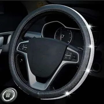 HAOKAY Premium Car Black Bling Steering Wheel Cover for Women Girls, Cute Leather Diamond Steering Wheel Cover with Crystal Rhinestones, Breathable, Universal Fit 14.5-15 Inch Bling Car Accessories