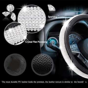 HAOKAY Premium Car Black Bling Steering Wheel Cover for Women Girls, Cute Leather Diamond Steering Wheel Cover with Crystal Rhinestones, Breathable, Universal Fit 14.5-15 Inch Bling Car Accessories