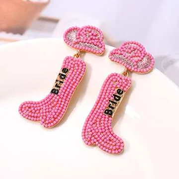Bride Earrings Western Cowboy Boot Earrings for Women Boho Beaded Cowgirl Hat Dangle Earrings Wedding Bridal Shower Bachelorette Party Jewelry Gifts (Pink)