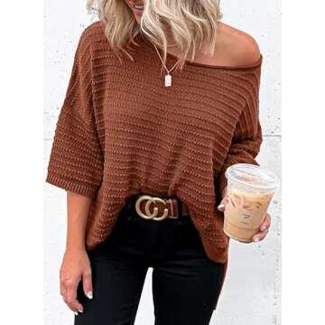 Dokotoo Oversized Off-Shoulder Tunic Tops for Women - Trendy Pullover Sweaters in Brown, X-Large