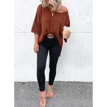 Dokotoo Oversized Off-Shoulder Tunic Tops for Women - Trendy Pullover Sweaters in Brown, X-Large