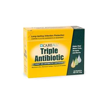 CareAll Triple Antibiotic Ointment 0.9gr (25 Pack) Foil Packet, First Aid for Minor Scrapes, Cuts, and Burns. Helps Prevent Infection. Contains Bacitracin Zinc, Neomycin Sulfate, Polymyxin B Sulfate