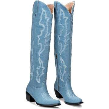 Gradinery Denim Blue Cowboy Boots For Women - Stylish Embroidered Fashion Classic