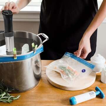 OUII Sous Vide Bags for Joule and Anova Cookers - 15 Reusable BPA-Free Sous Vide Bags with Vacuum Hand Pump in Various Sizes -Vacuum Sealer Bags Food Storage Freezer Safe - Fits Any Sous Vide Machine