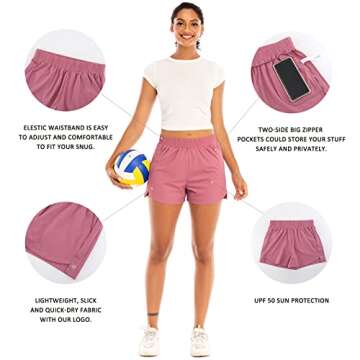 RUNNING GIRL Women’s 3” Running Quick-Dry Athletic Shorts with Zipper Pockets Elastic Waist Gym Outdoor Beach Hiking Workout Volleyball(DK2730_1Pink_S) Pink