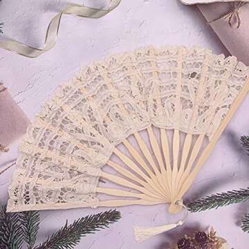 Folding Hand Fan,Womens Lace Fan Elegant Cotton Fan Handmade Vintage Retro Fan with Bamboo Staves an...