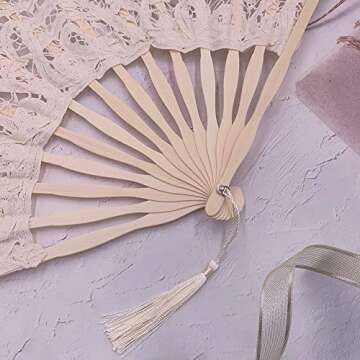 Folding Hand Fan,Womens Lace Fan Elegant Cotton Fan Handmade Vintage Retro Fan with Bamboo Staves and Silk Tassels for Wedding Bridal Shower Dancing Party