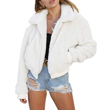 AKEWEI Women Thick Fuzzy Jacket Casual Trendy Zip Up Faux Shearling Outwear with Pockets White XX-La...