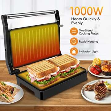 Panini Press Sandwich Maker, Aigostar 1000W Sandwich Press Grill with Non-Stick Coated Plates, Indic...