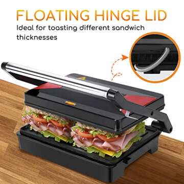 Panini Press Sandwich Maker, Aigostar 1000W Sandwich Press Grill with Non-Stick Coated Plates, Indicator Light, Locking Lid, Cool Touch Handle, Panini Maker Panini Press Grill Easy to Storage & Clean