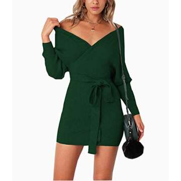 Mansy Women's Sexy Cocktail Batwing Long Sleeve Backless Mock Wrap Knit Sweater Mini Dress (Medium, Dark Green)