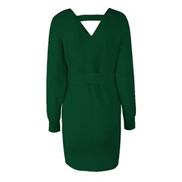Mansy Women's Sexy Cocktail Batwing Long Sleeve Backless Mock Wrap Knit Sweater Mini Dress (Medium, Dark Green)