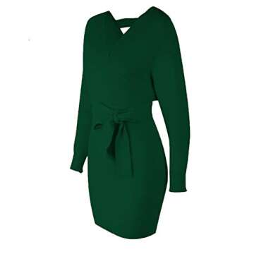 Mansy Women's Sexy Cocktail Batwing Long Sleeve Backless Mock Wrap Knit Sweater Mini Dress (Medium, Dark Green)