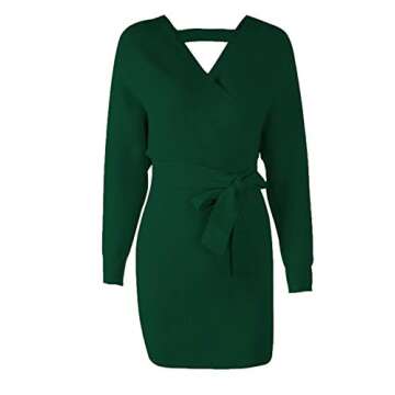 Mansy Women's Sexy Cocktail Batwing Long Sleeve Backless Mock Wrap Knit Sweater Mini Dress (Medium, Dark Green)