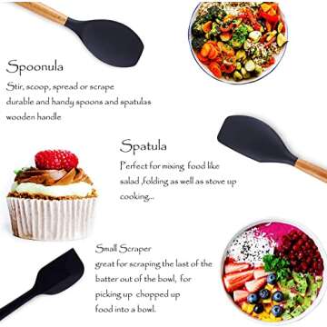 ORIGRACE Heat Resistant Silicone Spatulas Set for Nonstick Cookware, Wooden Handle Rubber Spatulas Gray, Kitchen Cooking Spoon Spatula Utensils Set Non-Stick Baking&Mixing Scraper Silicon Spatula sets