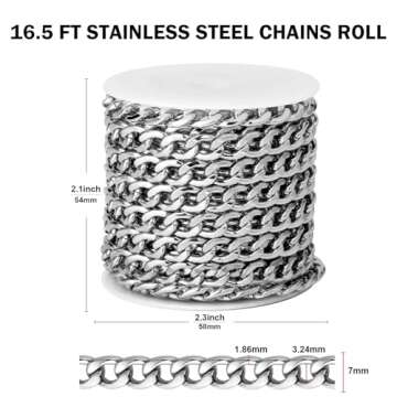 [16.5 FT] Silver Curb Chains for Jewelry Making, 7mm Wide 304 Stainless Steel Cuban Link Chain Roll ...