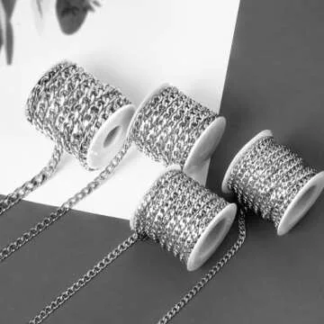 [16.5 FT] Silver Curb Chains for Jewelry Making, 7mm Wide 304 Stainless Steel Cuban Link Chain Roll Bulk for DIY Jewelry Making Craft