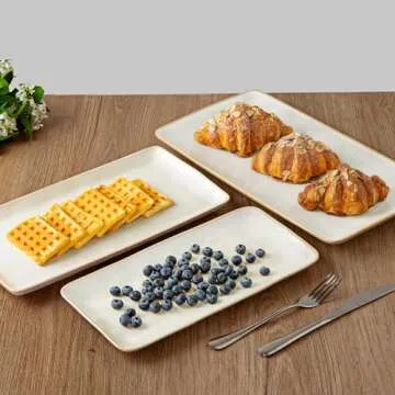 famiware Serving Platter, Rectangular 15.67/14.1/12.6 inch Serving Dishes for Entertaining, Microwave Dishwasher Safe, Stonware Serving Trays for Party, Turkey, Cheese, Ocean Series, Cappuccino White