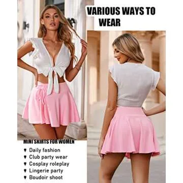 Avidlove Lingerie Skirts Women Pleated Mini Skirt High Waist Drawstring Ruffle Skater Skirt(Pink,M)