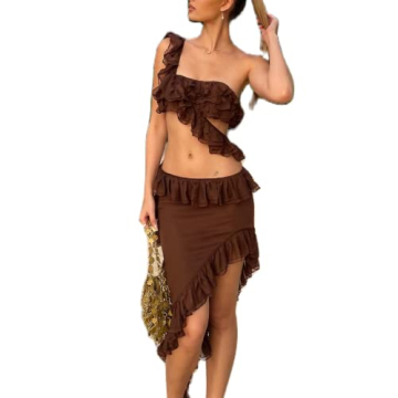 NUFIWI Sexy Y2K Ruffles Fairy Two Pieces Skirts Sets Asymmetric Mesh See Through Fringe Skirts Suits...