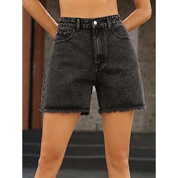SweatyRocks Women's High Waist Denim Shorts Straight Leg Raw Hem Jean Shorts Summer Hot Pants with Pockets Deep Grey S