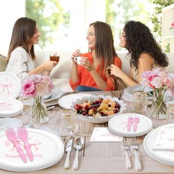 NUTTYBASH Pink Bow Birthday Party Supplies, 96Pcs Coquette Birthday Decorations Includes Pink Bow Na...