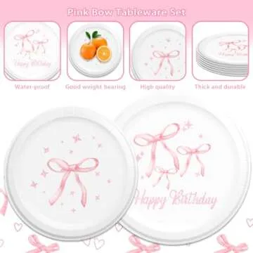 NUTTYBASH Pink Bow Birthday Party Supplies, 96Pcs Coquette Birthday Decorations Includes Pink Bow Napinks Plates Forks Pink Bow Theme Tableware Birthday Party Supplies Bow Girls Birthday Party Decor