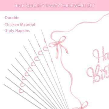 NUTTYBASH Pink Bow Birthday Party Supplies, 96Pcs Coquette Birthday Decorations Includes Pink Bow Napinks Plates Forks Pink Bow Theme Tableware Birthday Party Supplies Bow Girls Birthday Party Decor