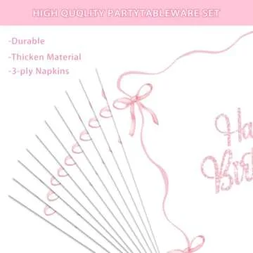 NUTTYBASH Pink Bow Birthday Party Supplies, 96Pcs Coquette Birthday Decorations Includes Pink Bow Napinks Plates Forks Pink Bow Theme Tableware Birthday Party Supplies Bow Girls Birthday Party Decor