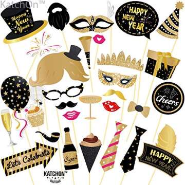 KatchOn, New Years Photo Booth Props 2025 - Pack of 30 | Glitter New Years Eve Photo Booth Props 2025 for New Years Eve Party Supplies 2025 | NYE Party Favors 2025 for Happy New Years Decorations 2025