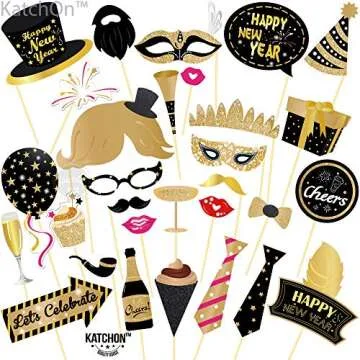 KatchOn, New Years Photo Booth Props 2025 - Pack of 30 | Glitter New Years Eve Photo Booth Props 2025 for New Years Eve Party Supplies 2025 | NYE Party Favors 2025 for Happy New Years Decorations 2025