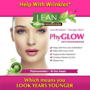 Phytoceramides 350mg Ceramide Skin Care Hydration Moisture Restoring Beauty Supplement with Multivitamins A, C, D, E, PhyGLOW Super Vegan Anti-Aging Wrinkle Support Pills for Women and Men 30 Capsules