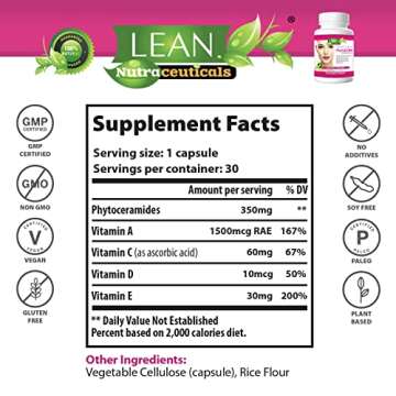 Phytoceramides 350mg Ceramide Skin Care Hydration Moisture Restoring Beauty Supplement with Multivitamins A, C, D, E, PhyGLOW Super Vegan Anti-Aging Wrinkle Support Pills for Women and Men 30 Capsules
