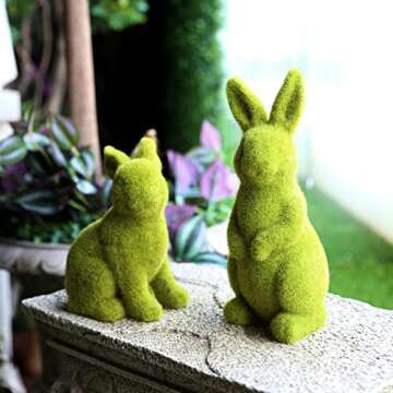 CynynYxy Easter Bunny Decor, 2pcs Flocked Bunny Moss Bunnies Spring Decor Resin Rabbit Figurines for Table Desk Easter Decorations (Small 2pcs)