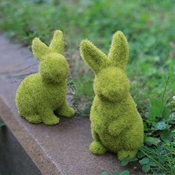 CynynYxy Easter Bunny Decor, 2pcs Flocked Bunny Moss Bunnies Spring Decor Resin Rabbit Figurines for Table Desk Easter Decorations (Small 2pcs)