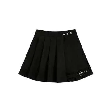 WDIRARA Women's High Waist Pleated Button Skort - Stylish Asymmetrical Skirt Shorts in Black